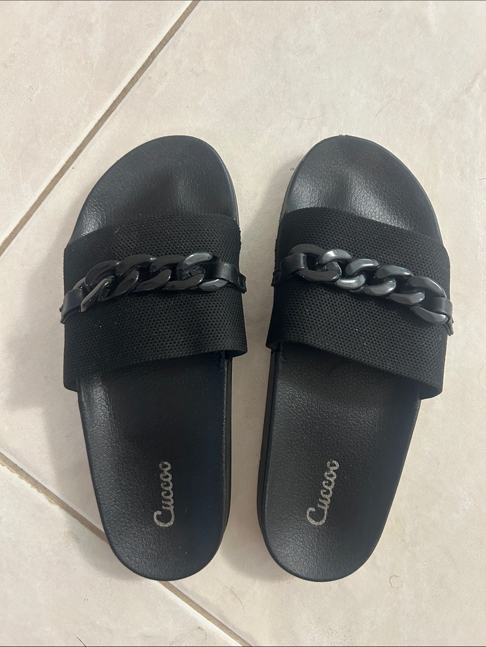 Cuccoo Black Chain-Accent Slide Sandals